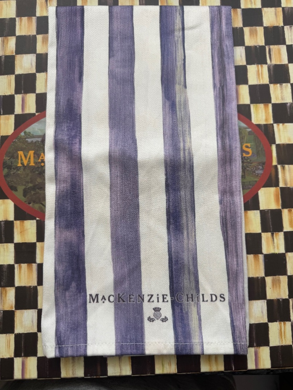 MACKENZIE CHILDS VIOLET STRIPE PRINTED DISH TOWEL 100% COTTON 18X26" NEW WITH TA